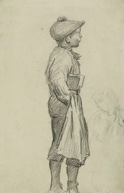 Den unge kontoristen, med en lätt skiss av en kvinnlig byst till höger i mitten av Arthur-Joseph Gueniot