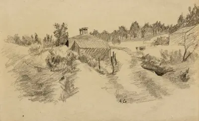 Landskap med två byggnader av Arthur-Joseph Gueniot