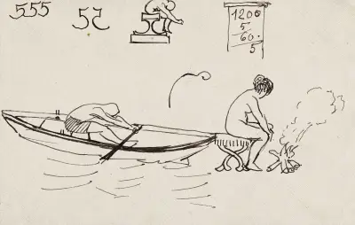 Roddare i en båt och kvinna sittande vid en vedeld av Arthur-Joseph Gueniot