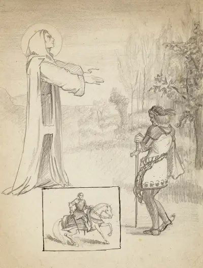 Heilige Gestalt, die einem Ritter und einem Kreuzritter zu Pferd in einer Vignette erscheint von Arthur-Joseph Gueniot
