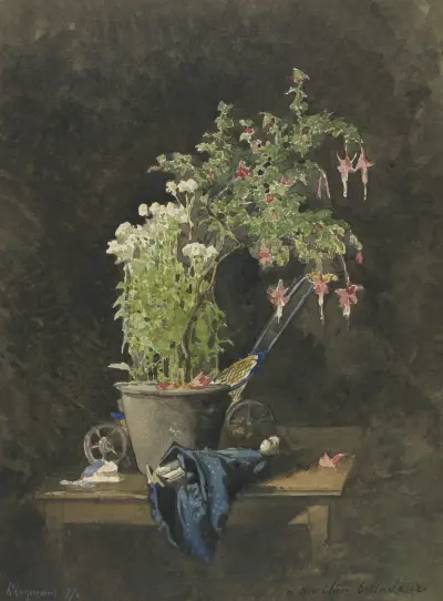 En kruka med Fuchsia och barnleksaker av Henri-Joseph Harpignies