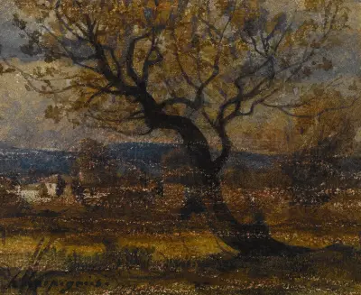 Studie av buske, i bakgrunden några kojor av Henri-Joseph Harpignies