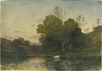 Kvällsljus vid skogssjö med drickande boskap av Henri-Joseph Harpignies