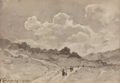 Figurer på en stig i ett kuperat landskap av Henri-Joseph Harpignies