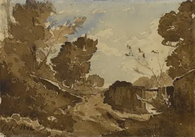 Fossé avec un petit pont av Henri-Joseph Harpignies