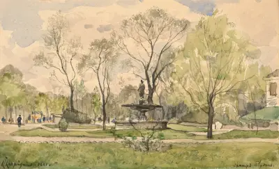 Les jardins des Champs-Elysées avec la fontaine de Diane de Jacques Hittorff, Paris av Henri-Joseph Harpignies