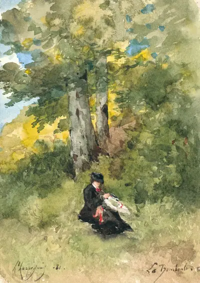Marguerite syr i ett trädbevuxet landskap av Henri-Joseph Harpignies