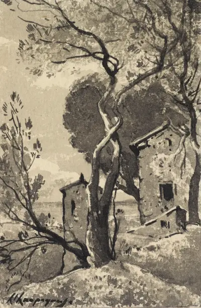 Landskap med byggnader av Henri-Joseph Harpignies