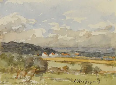Landskap med några stråtakshus av Henri-Joseph Harpignies