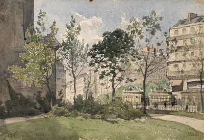 Vy över förgården till kyrkan Saint-Germain-des-Prés av Henri-Joseph Harpignies