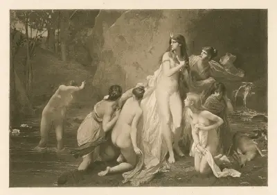 Diana surprised while bathing av Jules Joseph Lefebvre