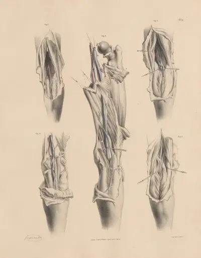 Olika arrangemang av vener och muskler kopplade till arteria poplitea av Joseph Maclise