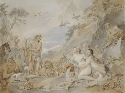 Orpheus Charming the Nymphs, Dryads, and Animals av Charles-Joseph Natoire