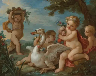 Putti Adorning A Swan With A Garland Of Flowers av Charles-Joseph Natoire