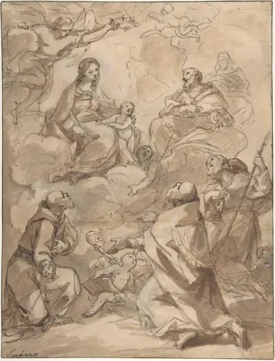 The Holy Family Appearing to St. Francis, St. Augustine, and St. Roch av Charles-Joseph Natoire