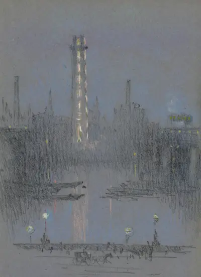 Shot Tower with night lights, from Embankment av Joseph Pennell
