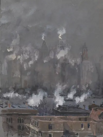 Rök och dimma på grå dag, New York City av Joseph Pennell