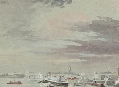 Hamnen och Frihetsstatyn av Joseph Pennell