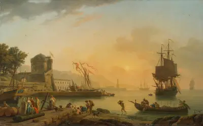 A Grand View Of The Sea Shore Enriched With Buildings, Shipping And Figures av Claude-Joseph Vernet