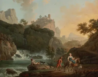 Ett klipplandskap med en fiskare och resenärer vid en flod med ett vattenfall, en akvedukt i fjärran av Claude-Joseph Vernet