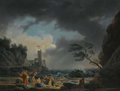Stormig kustscen med figurer på en strand efter skeppsbrott av Claude-Joseph Vernet