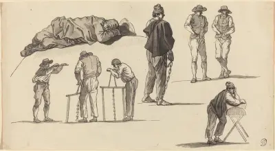 Figurstudier, med en sovande man på marken och två män som sågar av Claude-Joseph Vernet