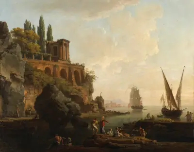 Föreställt landskap, italiensk hamnscen av Claude-Joseph Vernet