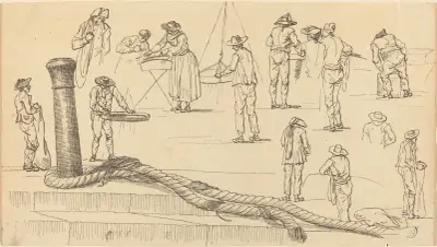 Figurer på kajen och en tross fäst vid en pollare av Claude-Joseph Vernet