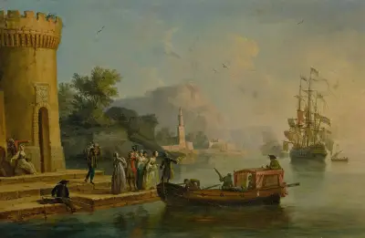 Utsikt över en medelhavshamn med en grupp figurer vid strandkanten, ett stort fartyg bortom av Claude-Joseph Vernet