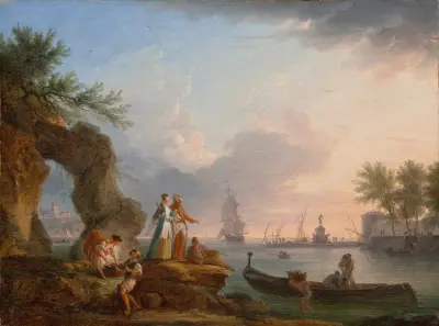 Hamnutkik vid solnedgång med fiskare och ett par i orientaliska kläder av Claude-Joseph Vernet