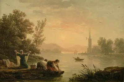 Washerwomen near by a lake av Claude-Joseph Vernet
