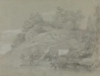 A River by a Rocky Bank with Figures, Possibly in India av Johan Joseph Zoffany