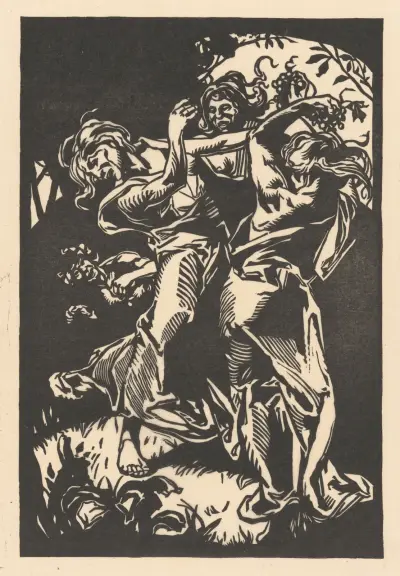Dansende vrouwen met druiventrossen en sater av Johannes Josephus Aarts