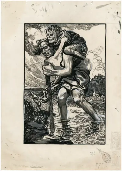 Man vadande genom vatten med skelett på ryggen av Johannes Josephus Aarts
