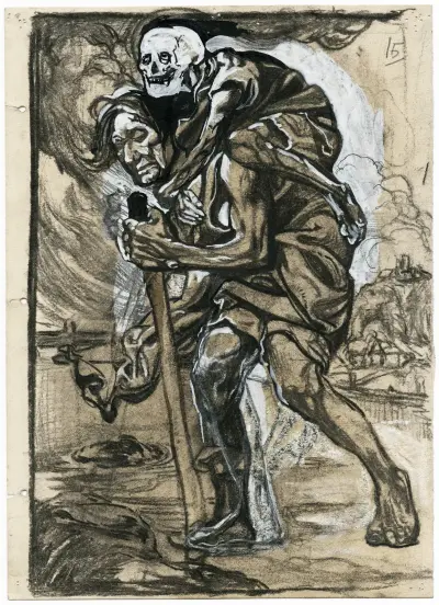 Man vadande genom vatten med skelett på ryggen av Johannes Josephus Aarts