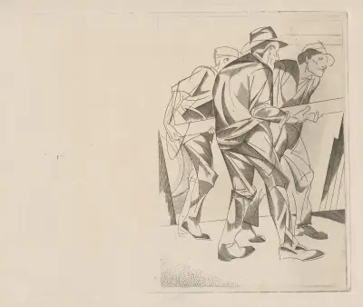 Tre arbetare bär en bjälke av Johannes Josephus Aarts