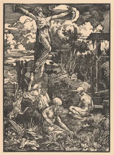 Gekruisigde man in heuvellandschap av Johannes Josephus Aarts