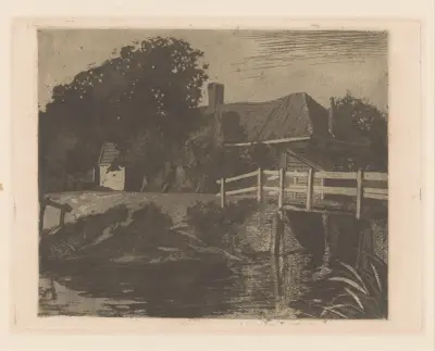 Landskap med bondgård, bro och dike av Johannes Josephus Aarts