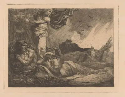 Landschap met korenveld, maaiers, sater en vrouwenfiguren av Johannes Josephus Aarts