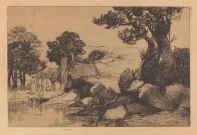 Landschap met man en vrouw aan oever av Johannes Josephus Aarts
