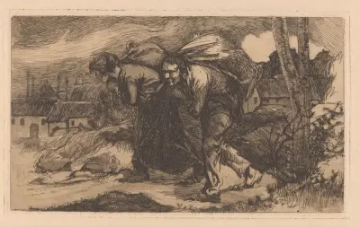 Man och kvinna med säck på ryggen av Johannes Josephus Aarts
