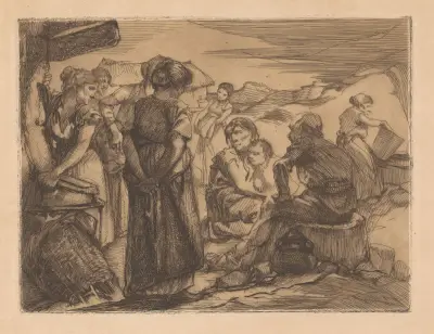 Man, kvinna och barn i kuperat landskap av Johannes Josephus Aarts