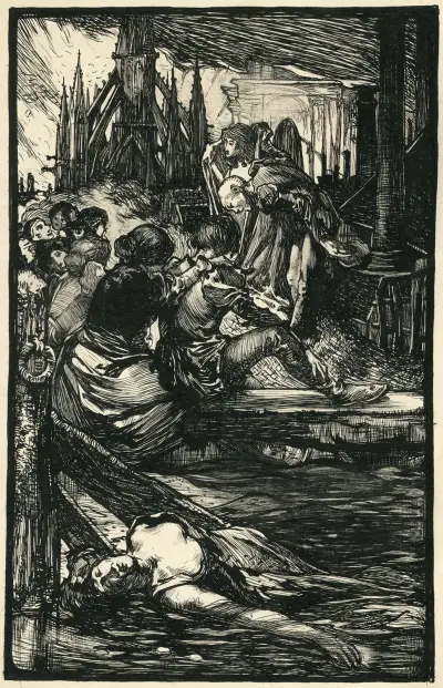 Människor som släpar en död vid vattnets strand av Johannes Josephus Aarts