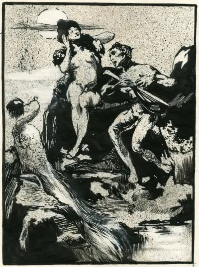 Naken man, musicerande, lyssnande kvinna, fåglar av Johannes Josephus Aarts