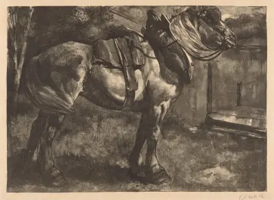 Uppsadlad häst vid en flodbank av Johannes Josephus Aarts
