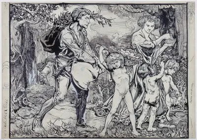 September månad, personifierad av två vuxna och tre barn som kommer från skogen med proviant av Johannes Josephus Aarts