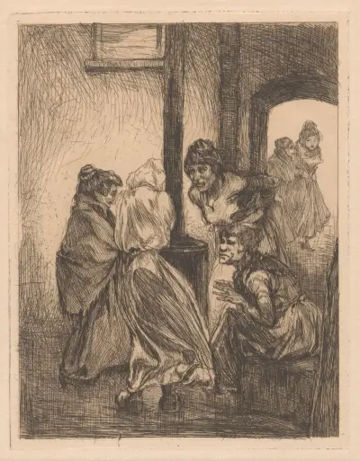 Fyra kvinnor tätt intill en kamin av Johannes Josephus Aarts