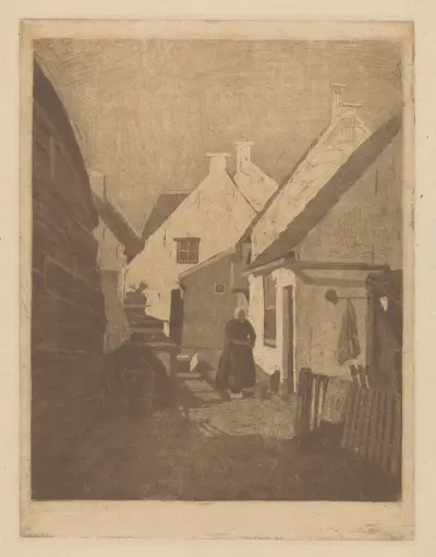 Kvinna i folkdräkt i folkligt kvarter av Johannes Josephus Aarts