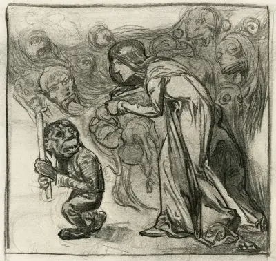 Kvinna följer gående gnom med ljus av Johannes Josephus Aarts