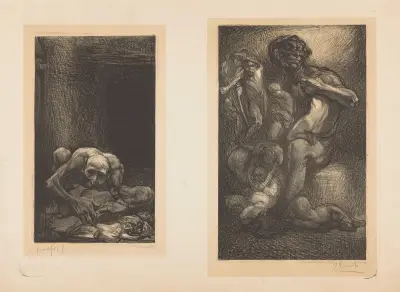 Sittande man i mörkret – jätte med människor i knät av Johannes Josephus Aarts